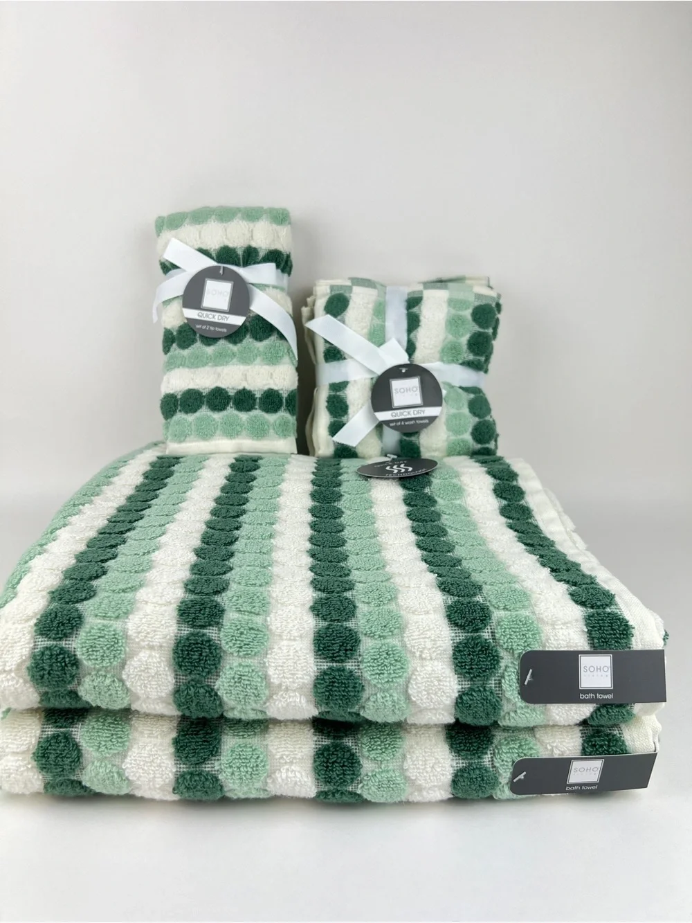 SOHO Living Bath Towel Set Green White Polka Dot & Stripe  Soft Cotton 8 Pc NEW